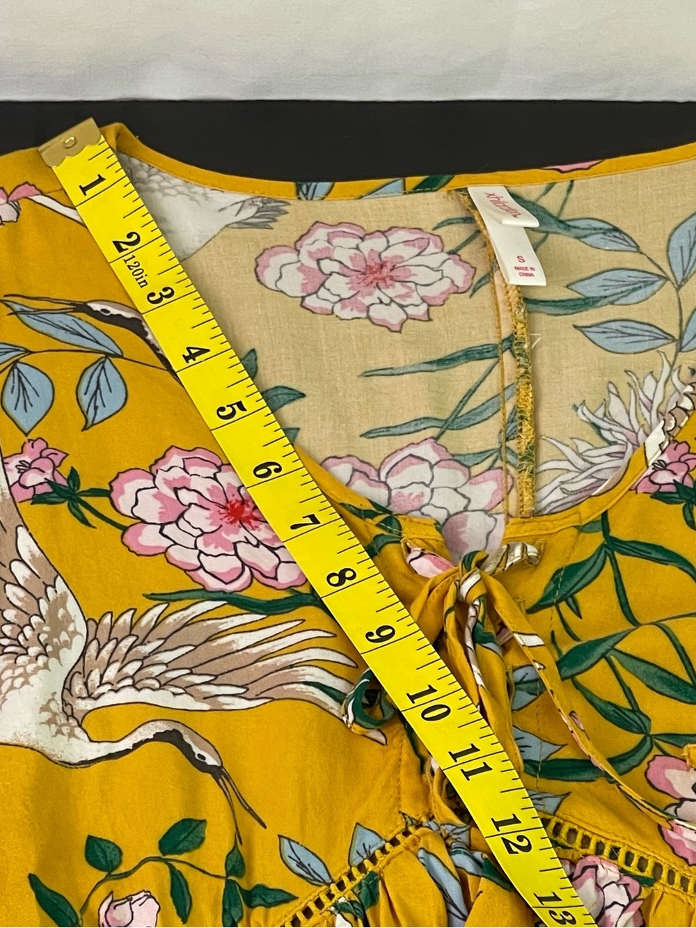 Xhilaration Yellow Boho Mini Dress with Pink Flowers & Cranes Size Small - Picture 13 of 15
